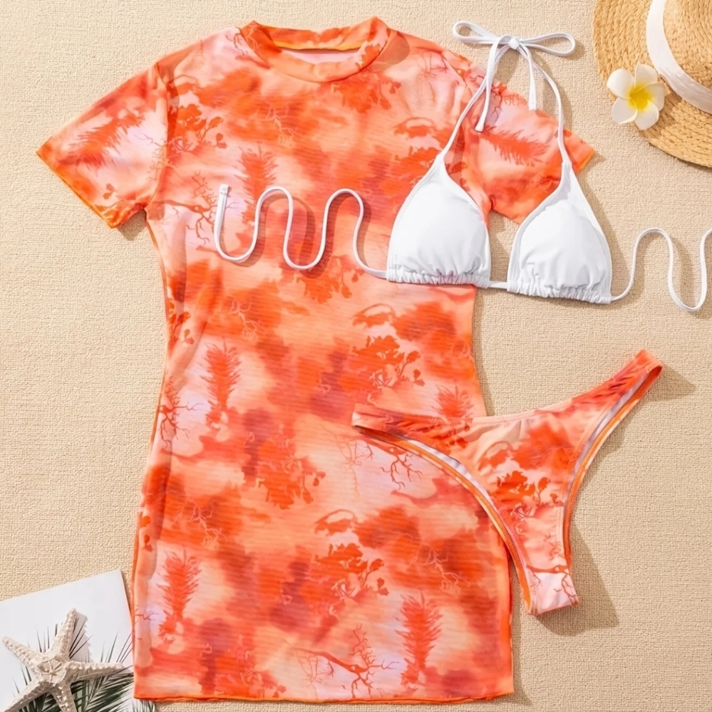 3 Piece Bikini and Boho Cover-Up Shirt Dress